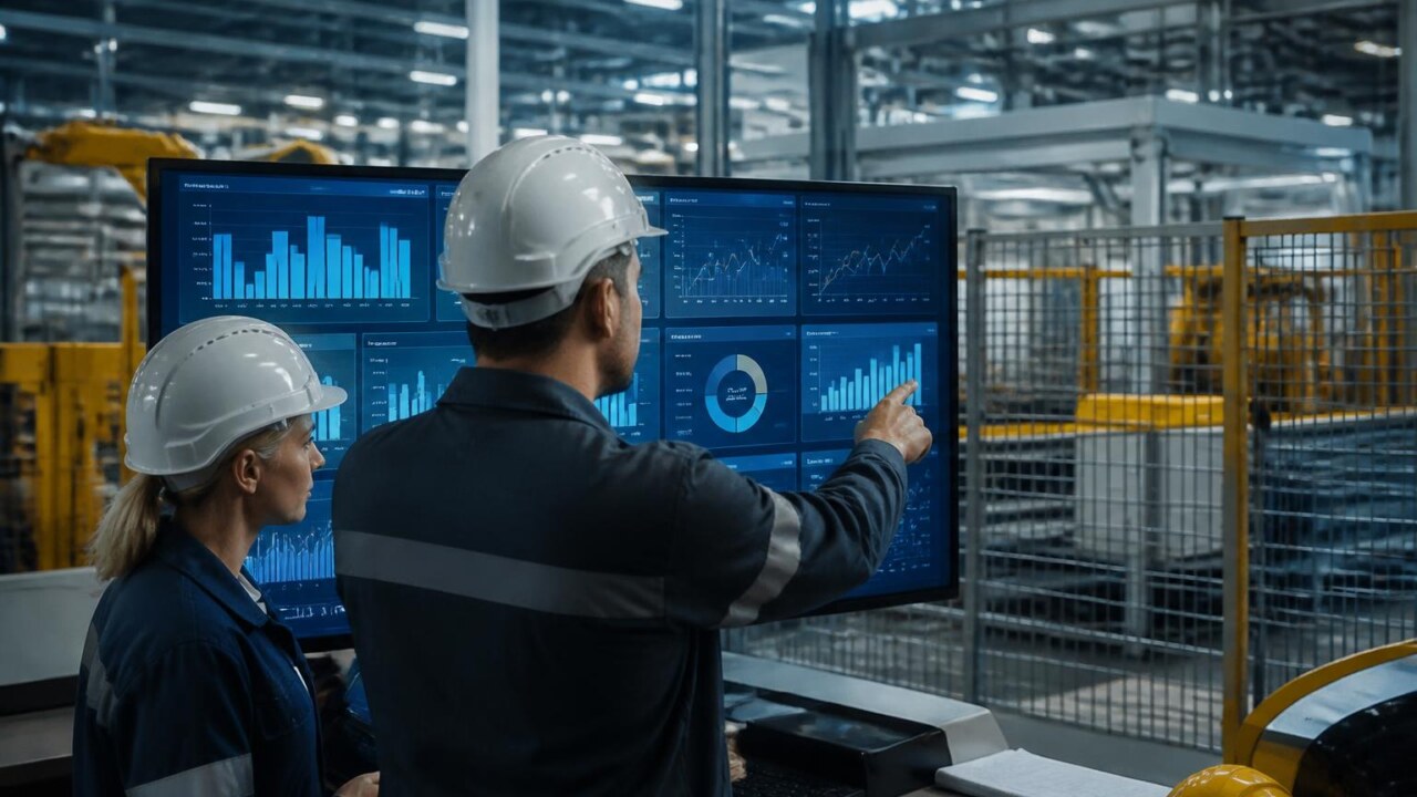 Painel industrial com tela mostrando gráficos de condições de máquinas em tempo real