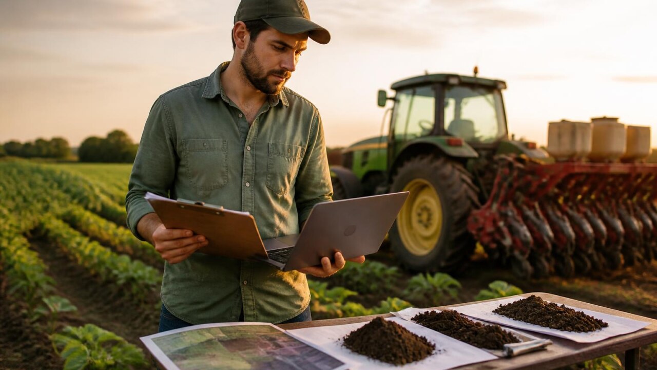 Produtor rural analisando prancheta e laptop na beira de um campo cultivado durante o planejamento de safra.