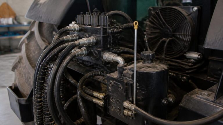 Detalhe de componentes hidráulicos de um trator em oficina, com mangueiras, válvulas e reservatório visíveis.