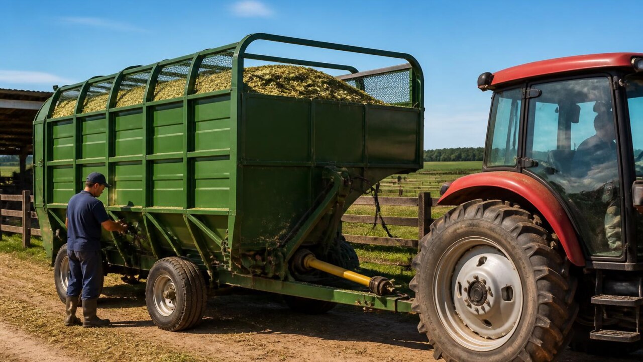 Vagão forrageiro carregado de silagem ao lado de um trator em propriedade rural
