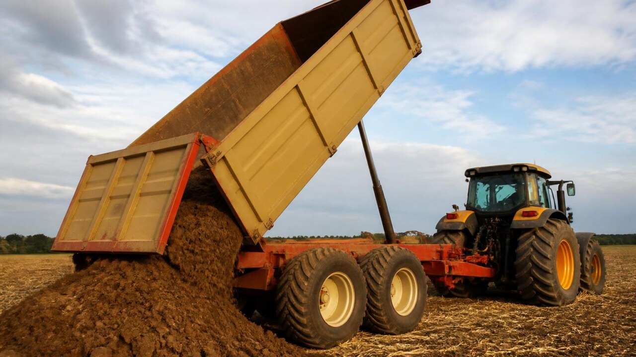 Carreta basculante agrícola em campo com a caçamba elevada durante o descarregamento de grãos