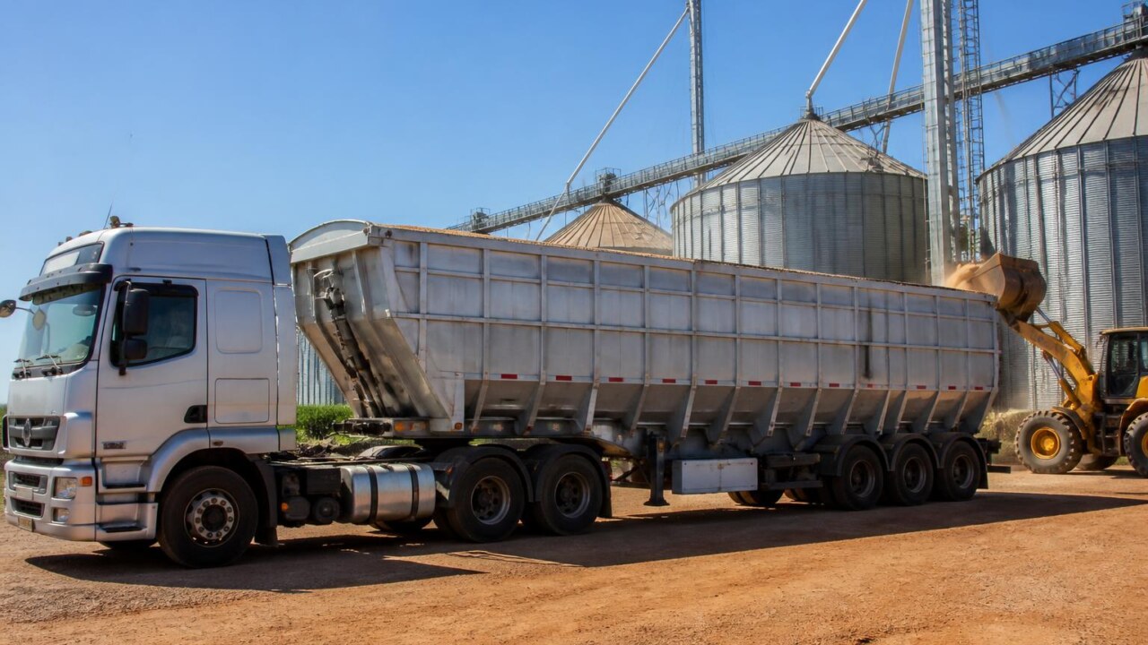 Carreta graneleira carregada em silo agrícola durante operação de descarga