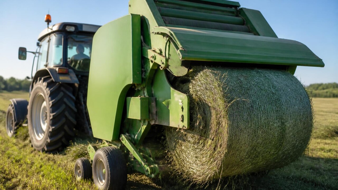 Enfardadeira agrícola em operação recolhendo forragem no campo durante o dia