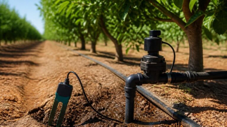Painel de irrigação com sensores de umidade do solo e válvula em área agrícola