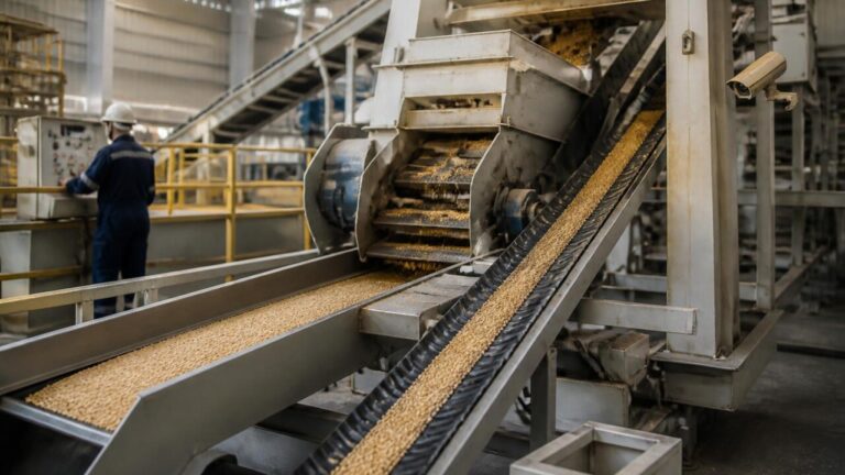 Máquina industrial de beneficiamento de grãos com correias, peneiras e grãos caindo em um túnel de transporte