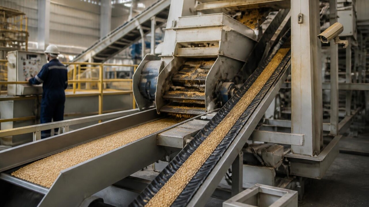 Máquina industrial de beneficiamento de grãos com correias, peneiras e grãos caindo em um túnel de transporte
