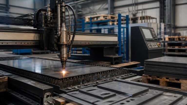 Mesa industrial de corte com cabeçotes intercambiáveis e operador em ambiente de fábrica