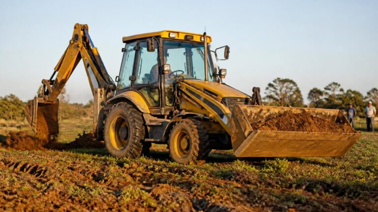 Retroescavadeira operando em terreno rural com braço escavador e caçamba dianteira.