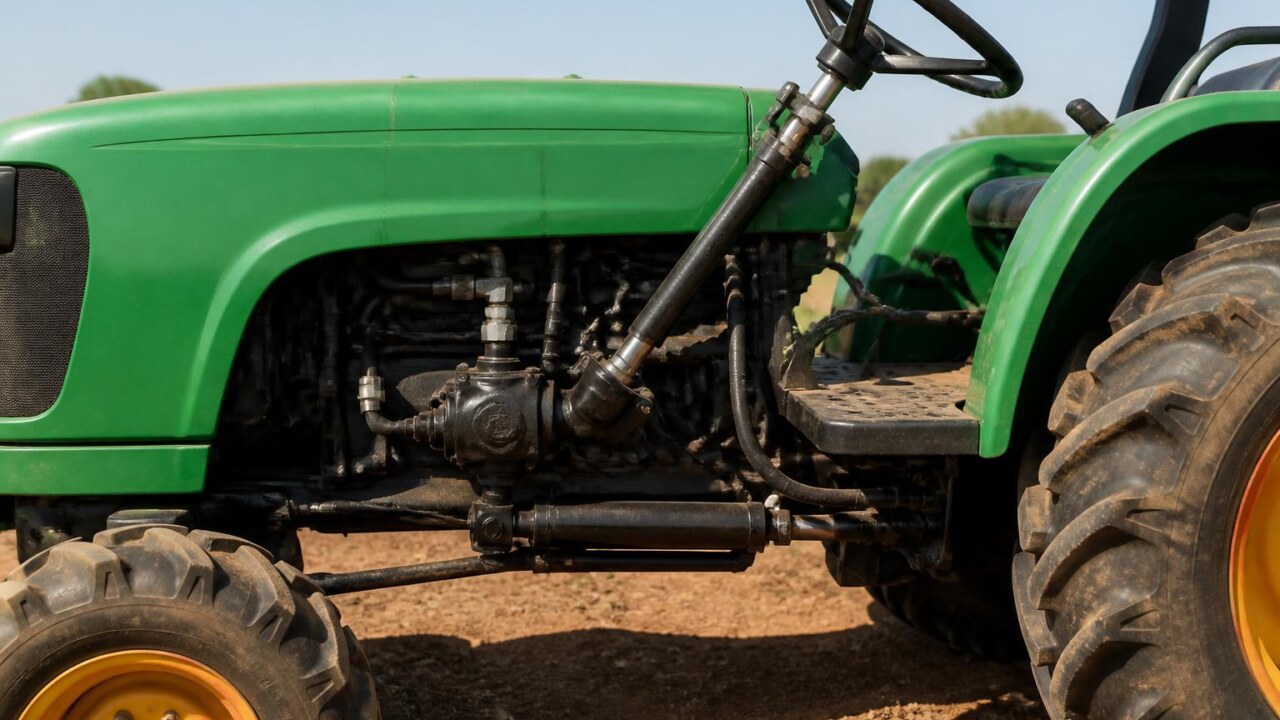 Detalhe de mecanismo de direção hidráulica de trator com válvulas e mangueiras