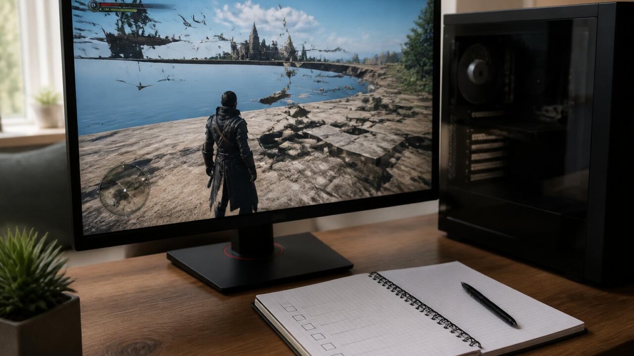 Tela de jogo com mapa apresentando erro e lista de verificação ao lado