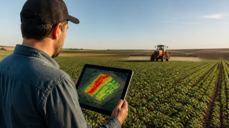 Agricultor analisando mapa de produtividade colorido em tablet no campo