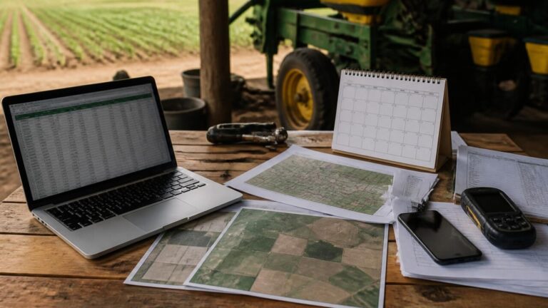 Plano de calendário agrícola com anotações e mapas de talhões sobre mesa de trabalho na fazenda