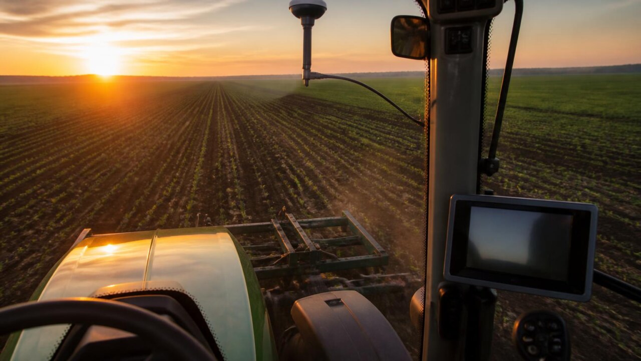Trator agrícola equipado com antena GNSS e console de autoguiamento trabalhando em campo