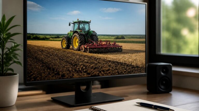 Trator operando em campo virtual de simulador agrícola com planilhas ao lado em tela de computador