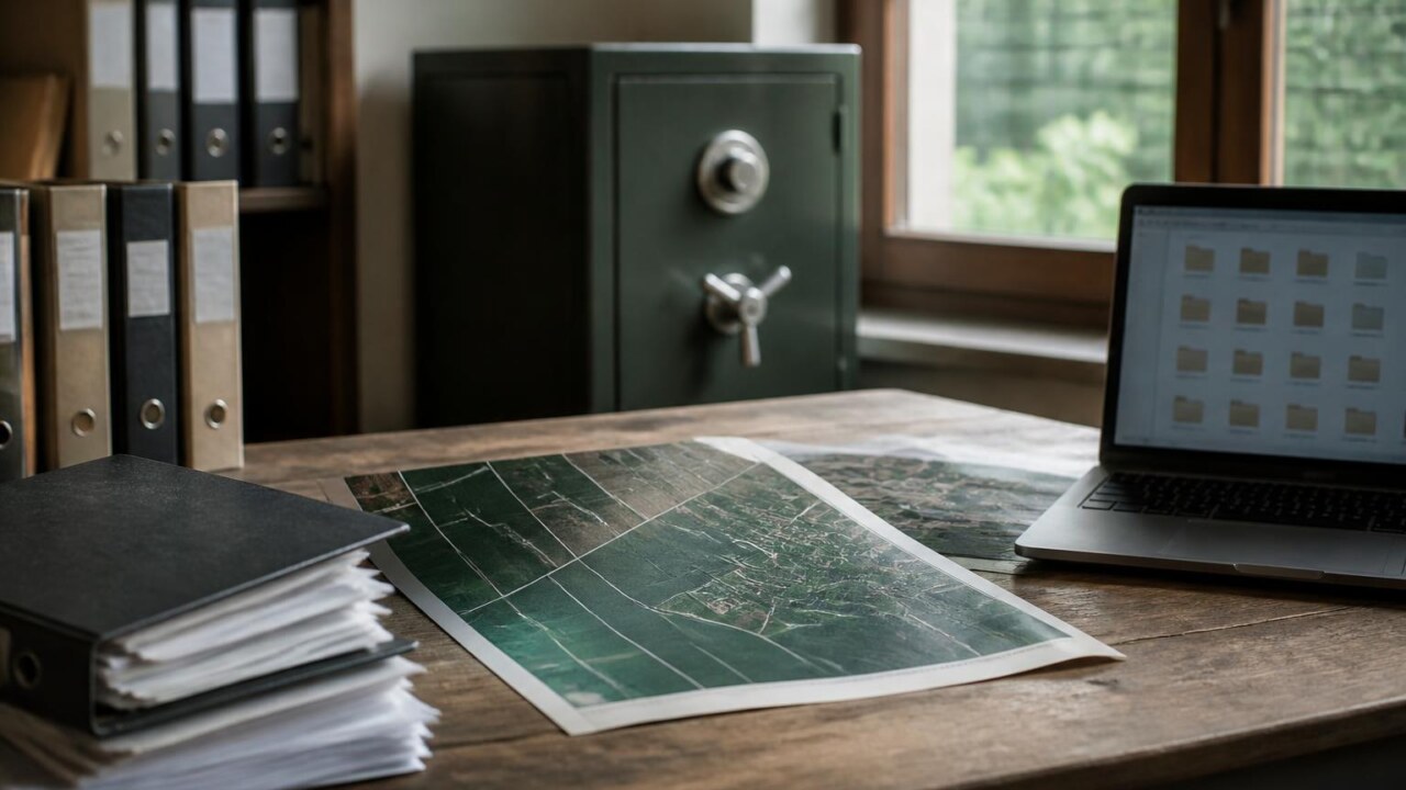 Arquivo organizado com pastas e documentos de uma propriedade rural sobre mesa de madeira.