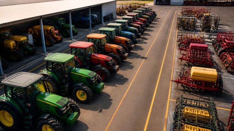 Pátio de máquinas agrícolas organizado com tratores e implementos, visto de cima