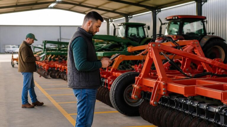 Pátio organizado com máquinas agrícolas alinhadas sob abrigo e implementos etiquetados