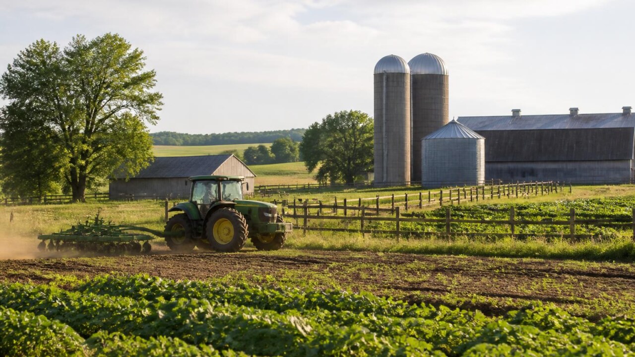 Vista aérea de uma propriedade rural com campos, cercas e maquinário agrícola