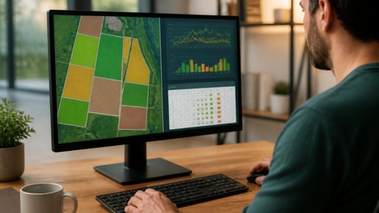 Pessoa trabalhando no computador com tela exibindo uma interface de simulação de fazenda virtual
