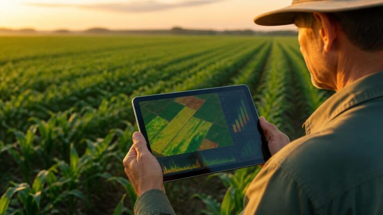 Agricultor analisando tablet com mapa de talhões e dados de produtividade em campo agrícola
