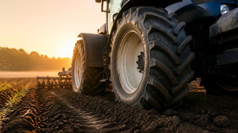 Trator em campo mostrando os pneus e a pegada no solo durante trabalho agrícola