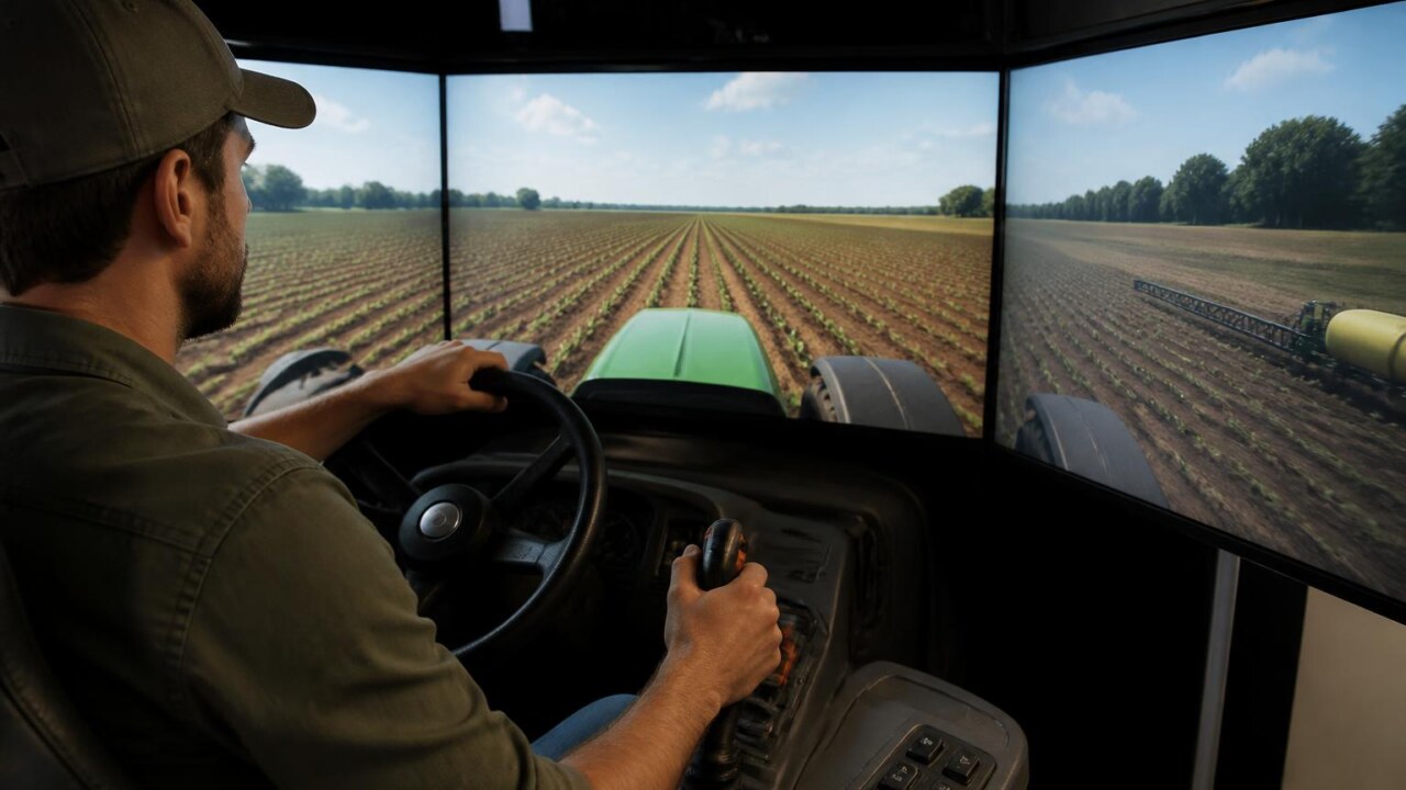 Operador treinando em simulador agrícola com cabine virtual e exibição de campo arável
