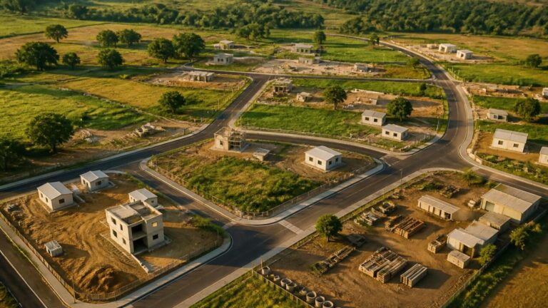 Vista aérea realista de uma propriedade simulada com áreas em expansão, estradas e construções