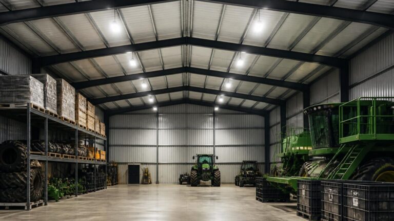 Iluminação interna de galpão rural com luminárias industriais LED distribuídas no teto