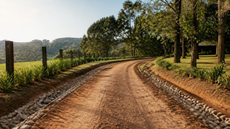 Estrada interna de terra batida em propriedade rural com valetas laterais e vegetação ao redor