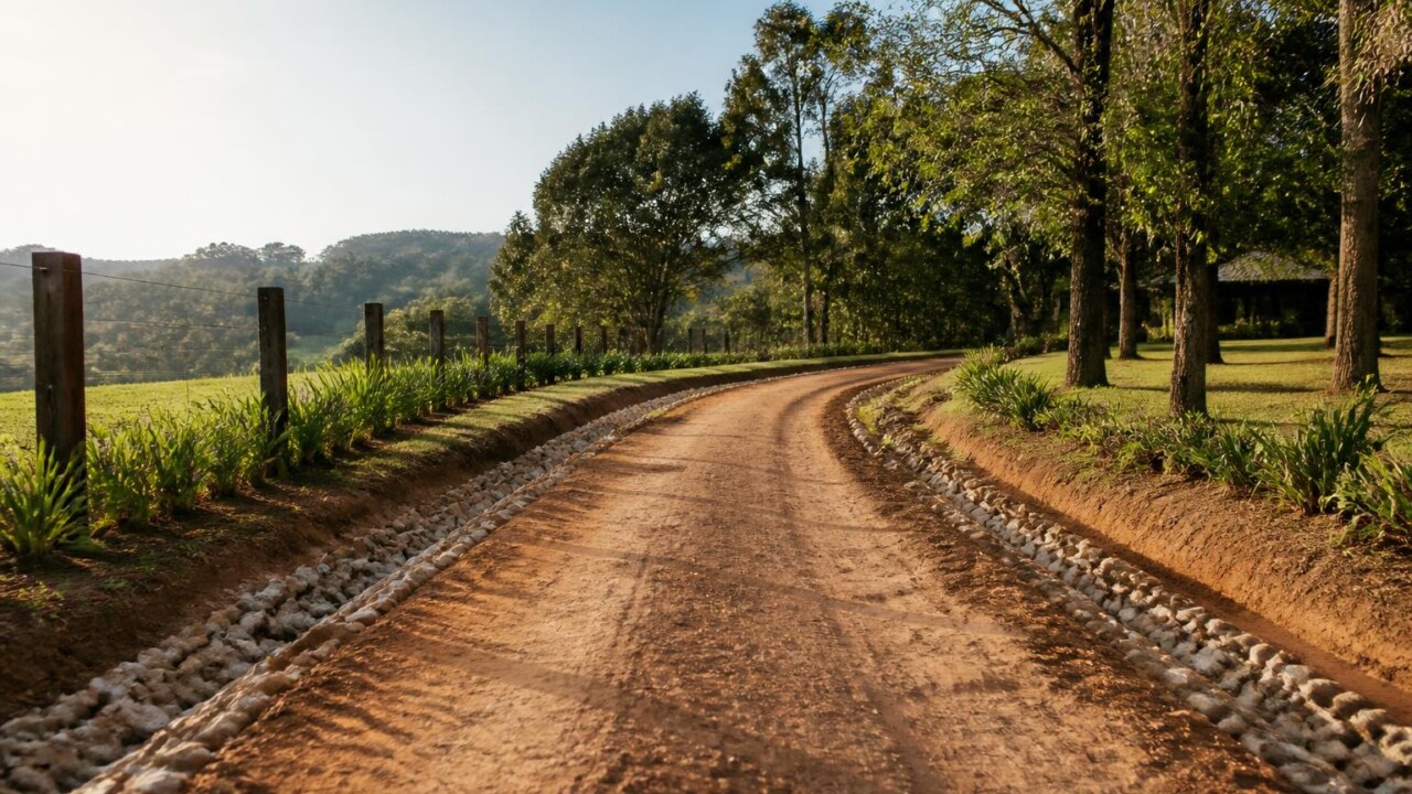 Estrada interna de terra batida em propriedade rural com valetas laterais e vegetação ao redor