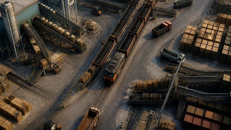 Vista aérea de base de jogo com esteiras, trens e veículos organizados em um hub de logística