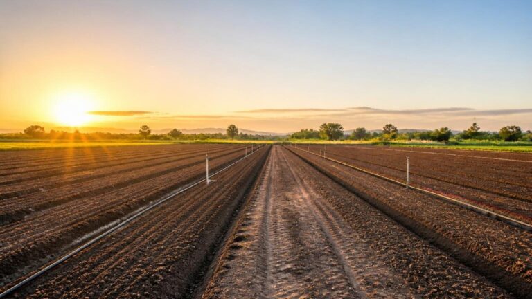Campo de fazenda virtual pronto para plantio com sulcos nivelados e sistema de irrigação.