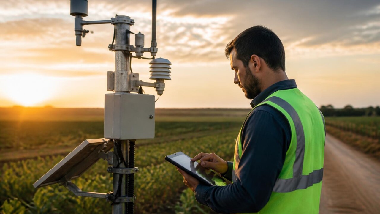 Técnico em campo checando uma estação de sensores conectada em uma fazenda ao entardecer