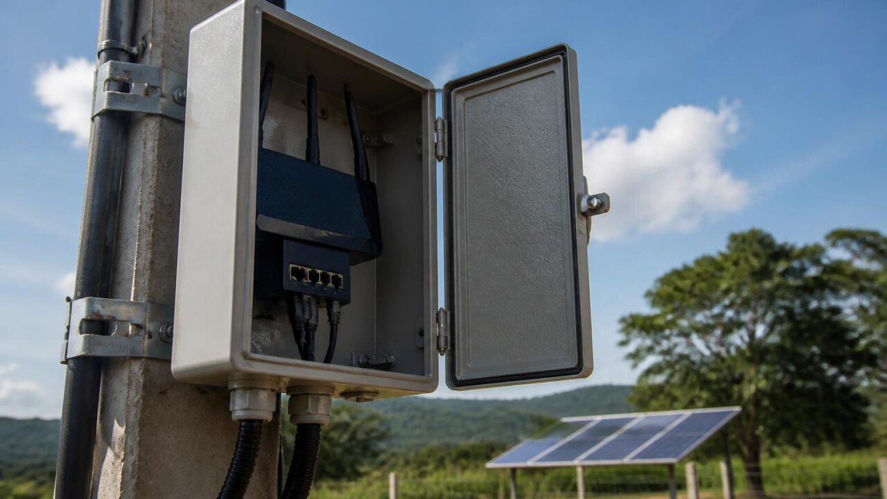 Roteador industrial em gabinete selado instalado em poste no campo com cabos protegidos