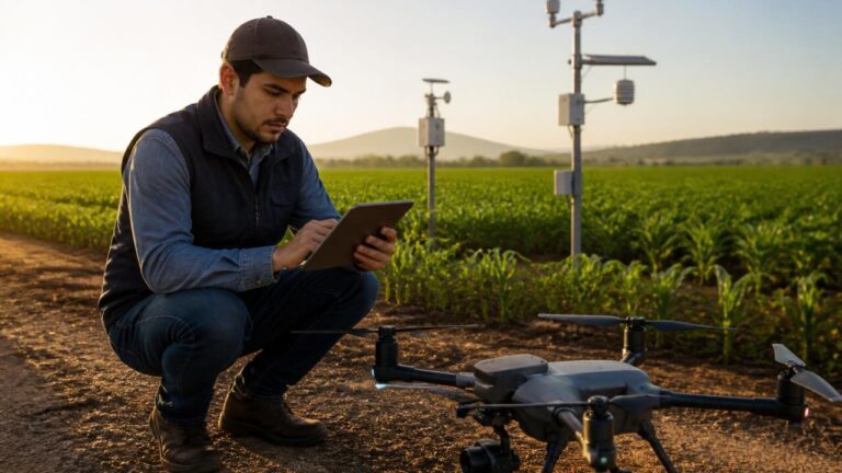 Trabalhador em fazenda analisando dados em tablet com drone ao fundo