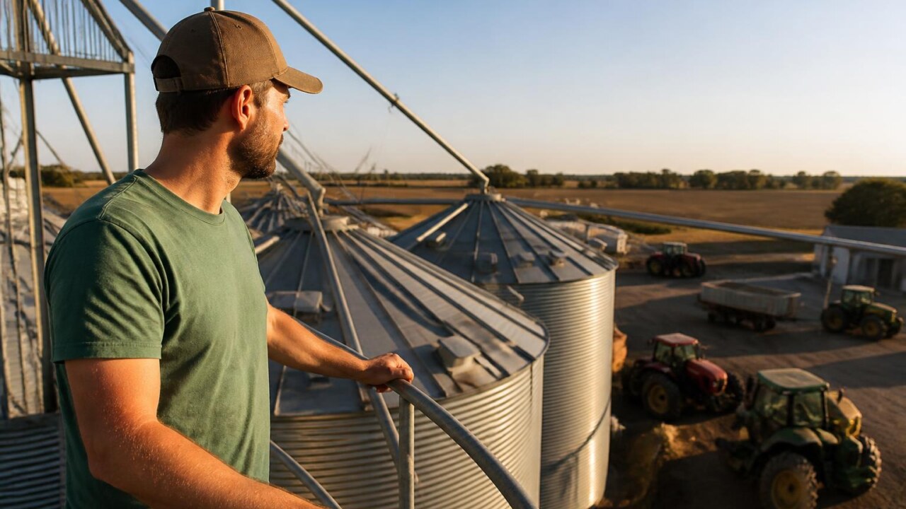 Produtor rural inspecionando armazenamento de grãos em silo ao amanhecer