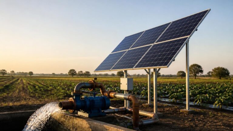Painel solar e bomba de irrigação em área rural durante o dia