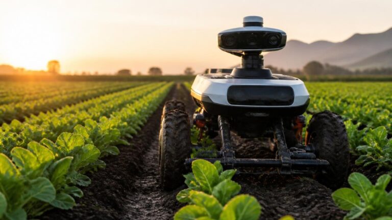 Robô agrícola autônomo operando em fileira de plantas com sensores e braços para manejo de cultivo.