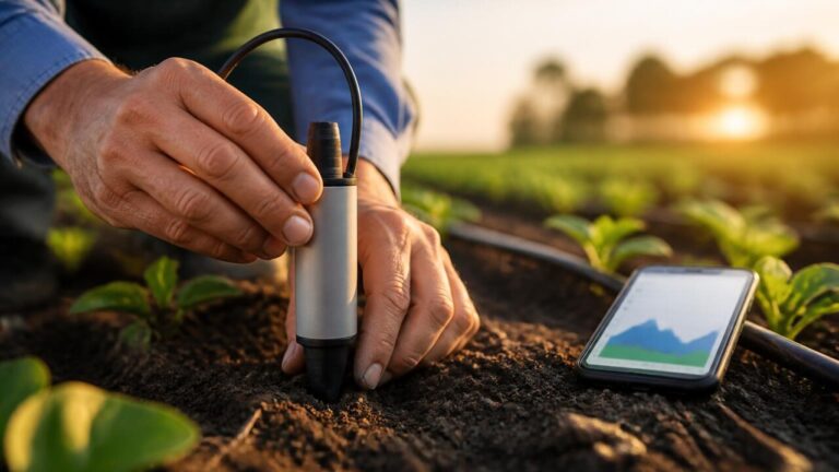 Mão instalando sensor de umidade no solo com um smartphone exibindo painel de monitoramento ao fundo