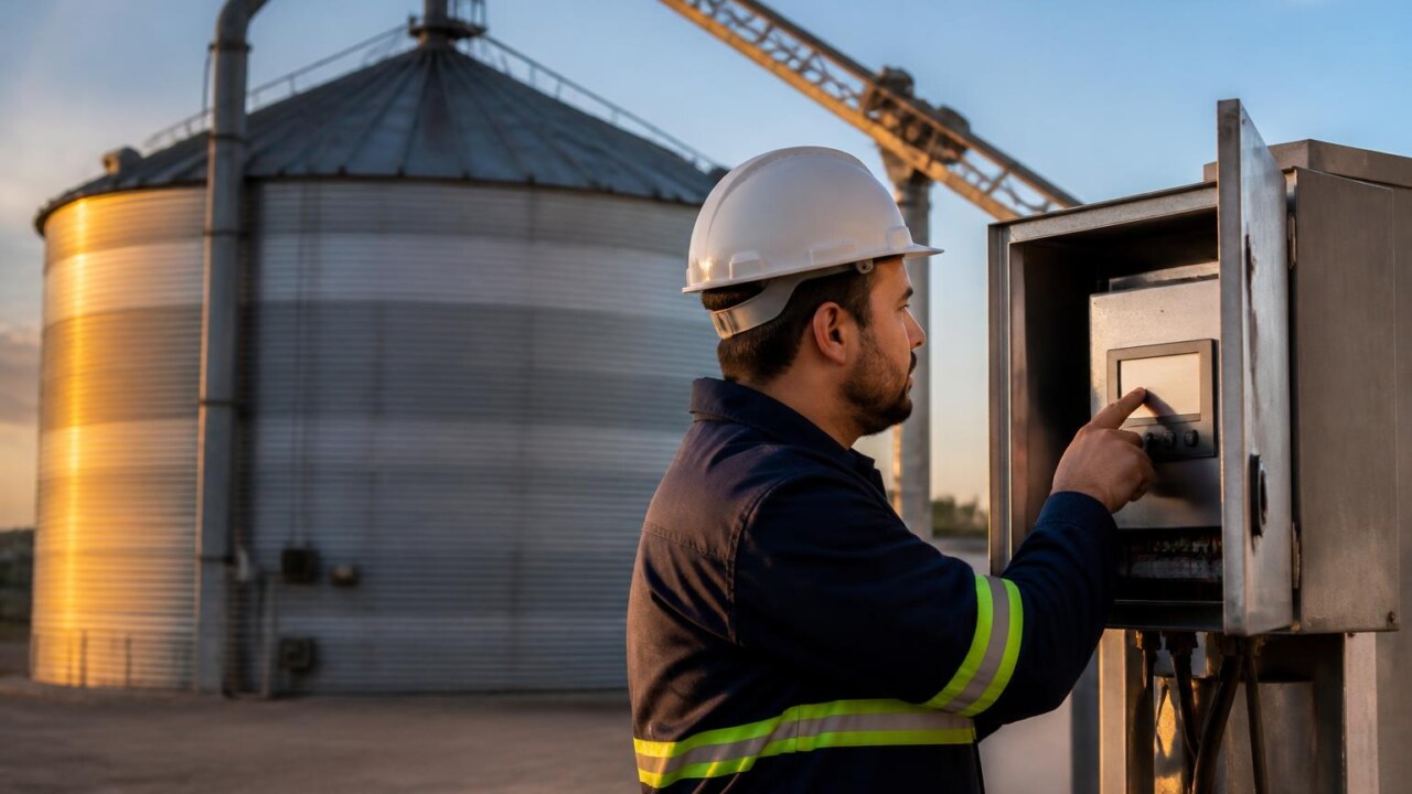 Silo de armazenamento de grãos com painel de monitoramento e gráficos em tela
