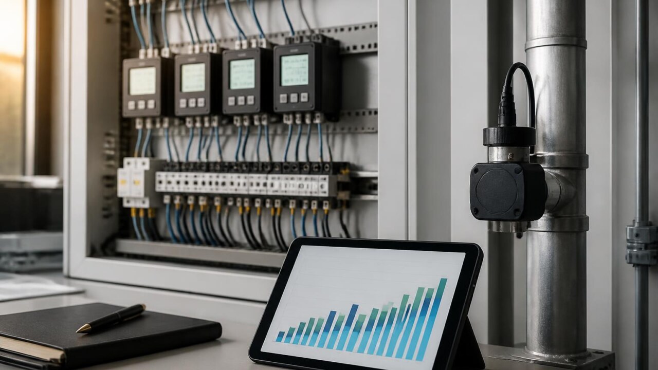 Painel com sensores e medidores digitais monitorando consumo de energia e água em ambiente predial