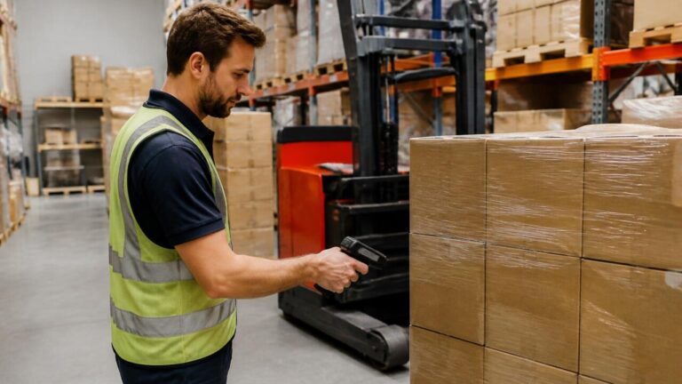 Armazém com prateleiras, coletor de dados e operador digitalizando produtos