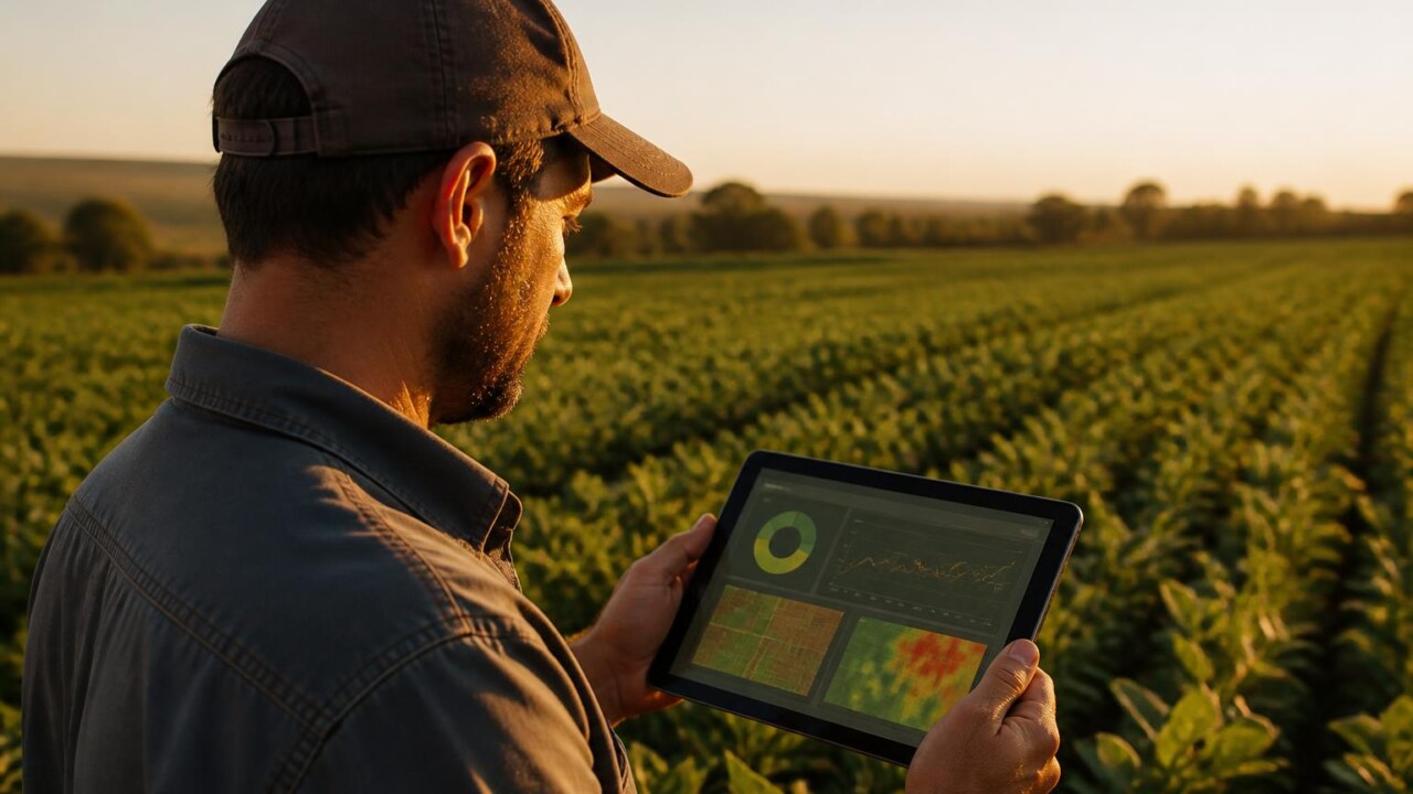 Agricultor com tablet no campo consultando dados de gestão da fazenda