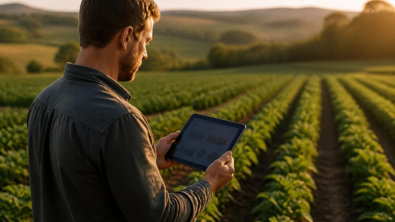 Produtor rural usando tablet para consultar software de gestão na lavoura