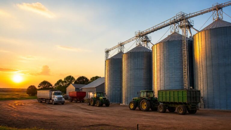 Silos agrícolas em uma fazenda com tratores e implementos ao redor, representando armazenamento de grãos.