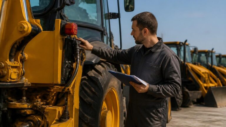 Operário avaliando máquinas pesadas em pátio industrial