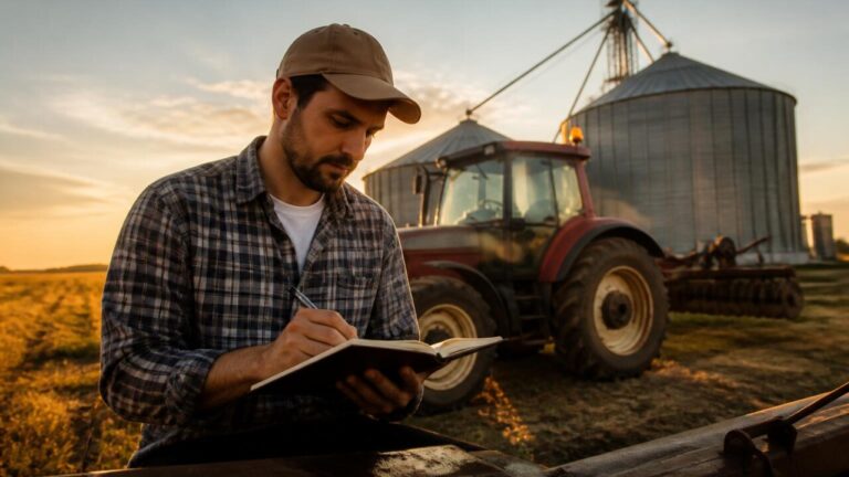 Produtor rural anotando custos em campo próximo a tratores e silos
