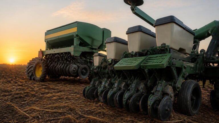Plantadeira e semeadora lado a lado em um campo agrícola durante o plantio
