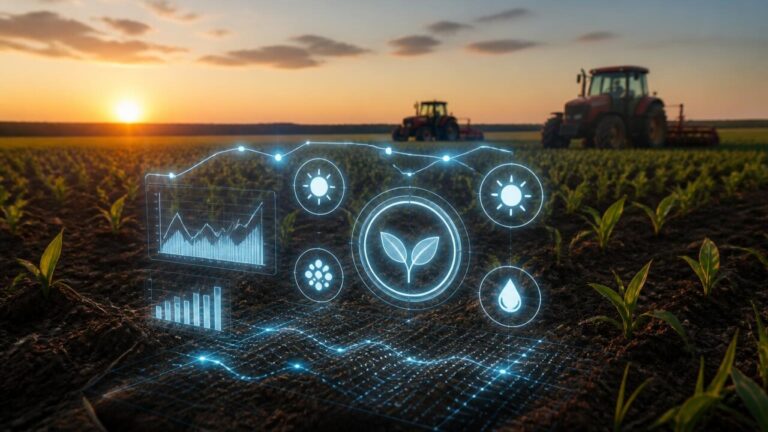 Campo agrícola com interfaces digitais sobrepostas, representando simulação casual e realista.