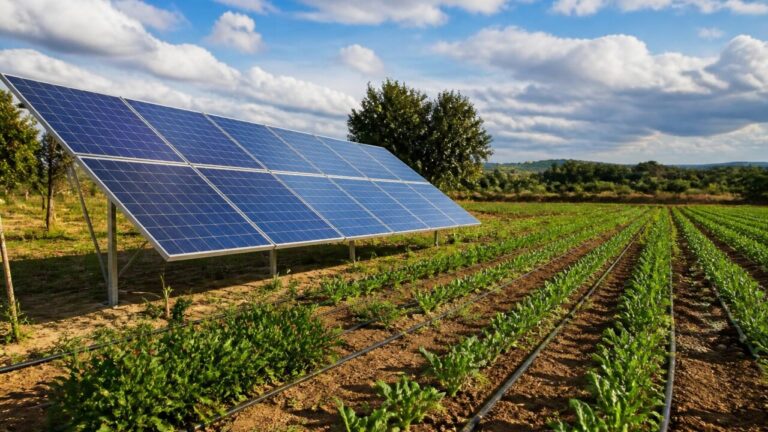 Painéis solares ao lado de um sistema de irrigação em área rural durante o dia